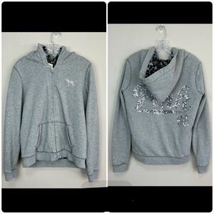 Victoria’s Secret Pink Y2K Faux Fur Lined Bling Hoodie Gray Sequined Medium